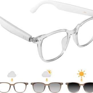 Smart Glasses for Women Men, Bluetooth Glasses with Photochromic Lenses Touch Control Voice Assistant for Clear Audio Remote Photography, Transparent frame and white legs, Perfect for Indoor Outdoor