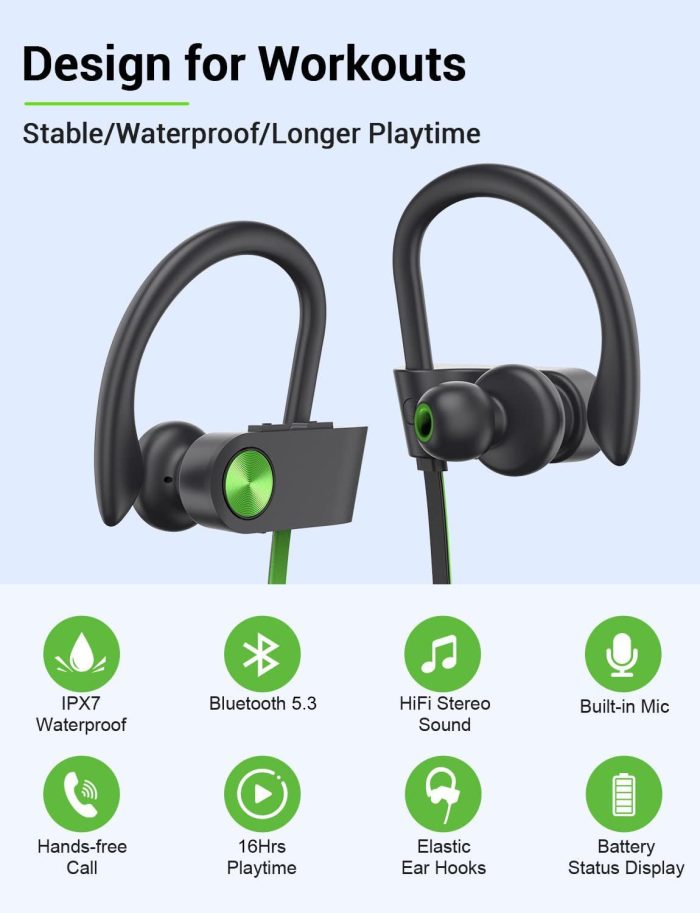 Stiive Bluetooth Headphones, 5.3 Wireless Sports Earbuds IPX7 Waterproof with Mic, Stereo Sweatproof in-Ear Earphones, Noise Cancelling Headsets for Gym Running Workout, 16 Hours Playtime - GreenBlack - Image 2