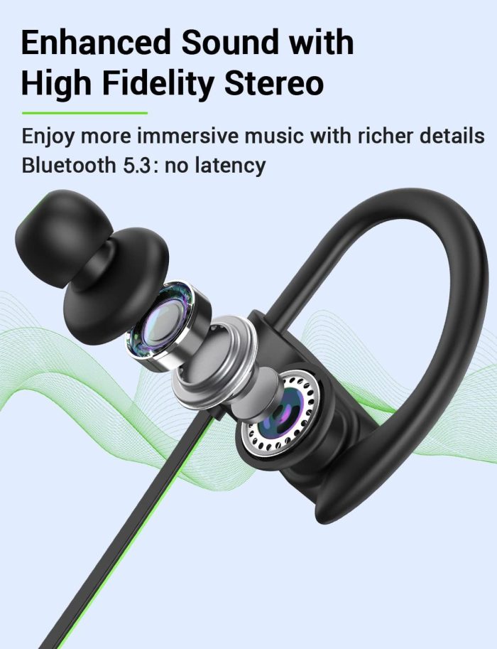 Stiive Bluetooth Headphones, 5.3 Wireless Sports Earbuds IPX7 Waterproof with Mic, Stereo Sweatproof in-Ear Earphones, Noise Cancelling Headsets for Gym Running Workout, 16 Hours Playtime - GreenBlack - Image 3