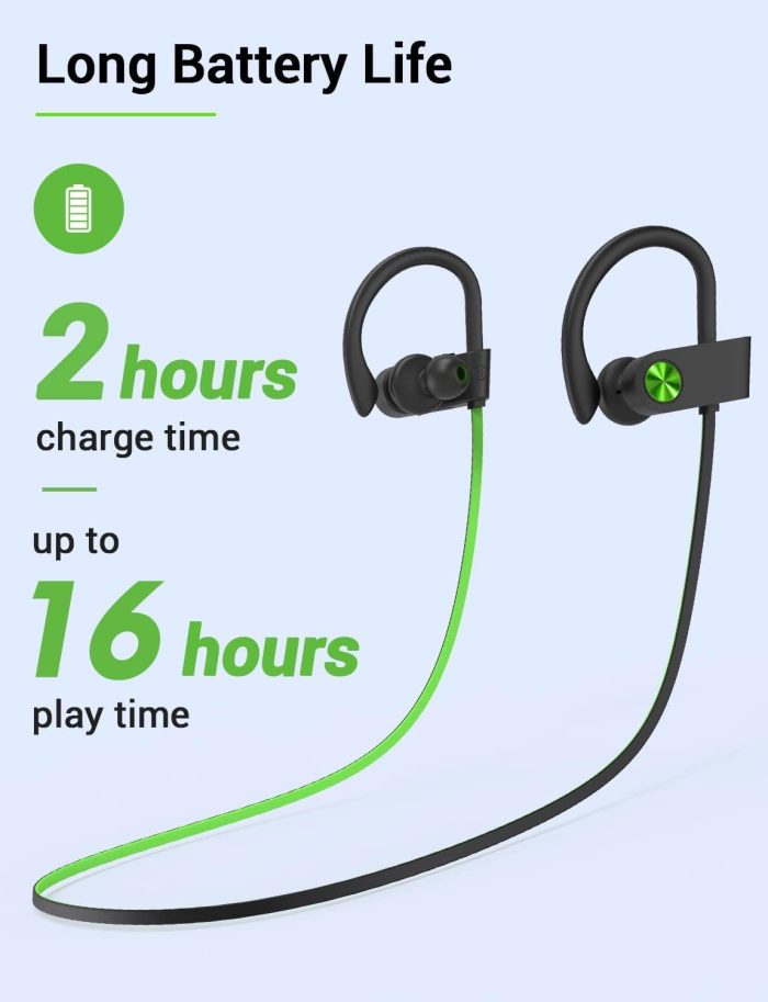 Stiive Bluetooth Headphones, 5.3 Wireless Sports Earbuds IPX7 Waterproof with Mic, Stereo Sweatproof in-Ear Earphones, Noise Cancelling Headsets for Gym Running Workout, 16 Hours Playtime - GreenBlack - Image 6