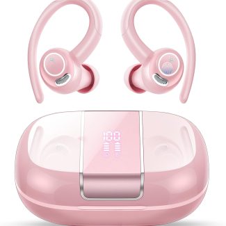 Wireless Earbuds Bluetooth 5.3 Headphones Sports, 48Hrs Playback Over Ear Buds with CVC8.0 Mic, Bass Stereo Bluetooth Earbuds with Earhooks, LED Display, IP7 Waterproof Earphones for Running Pink