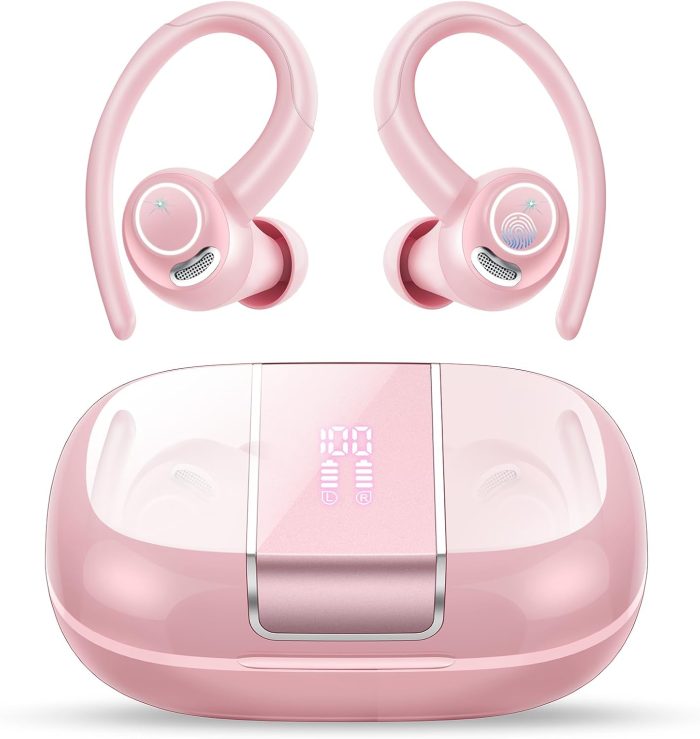 Wireless Earbuds Bluetooth 5.3 Headphones Sports, 48Hrs Playback Over Ear Buds with CVC8.0 Mic, Bass Stereo Bluetooth Earbuds with Earhooks, LED Display, IP7 Waterproof Earphones for Running Pink