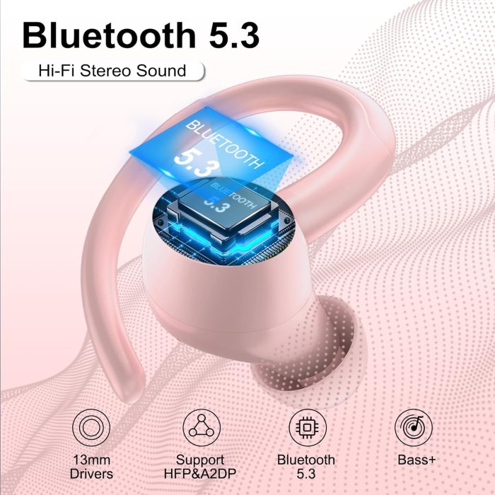 Wireless Earbuds Bluetooth 5.3 Headphones Sports, 48Hrs Playback Over Ear Buds with CVC8.0 Mic, Bass Stereo Bluetooth Earbuds with Earhooks, LED Display, IP7 Waterproof Earphones for Running Pink - Image 2