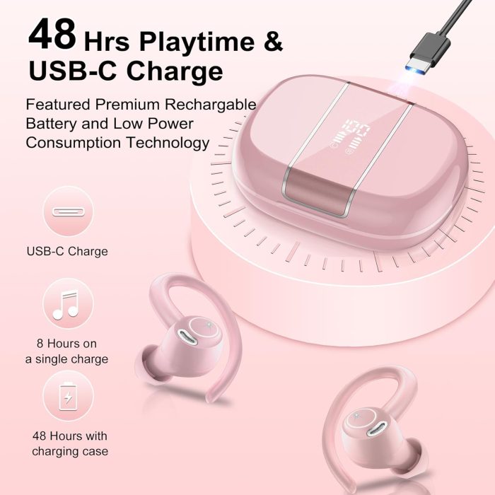 Wireless Earbuds Bluetooth 5.3 Headphones Sports, 48Hrs Playback Over Ear Buds with CVC8.0 Mic, Bass Stereo Bluetooth Earbuds with Earhooks, LED Display, IP7 Waterproof Earphones for Running Pink - Image 4