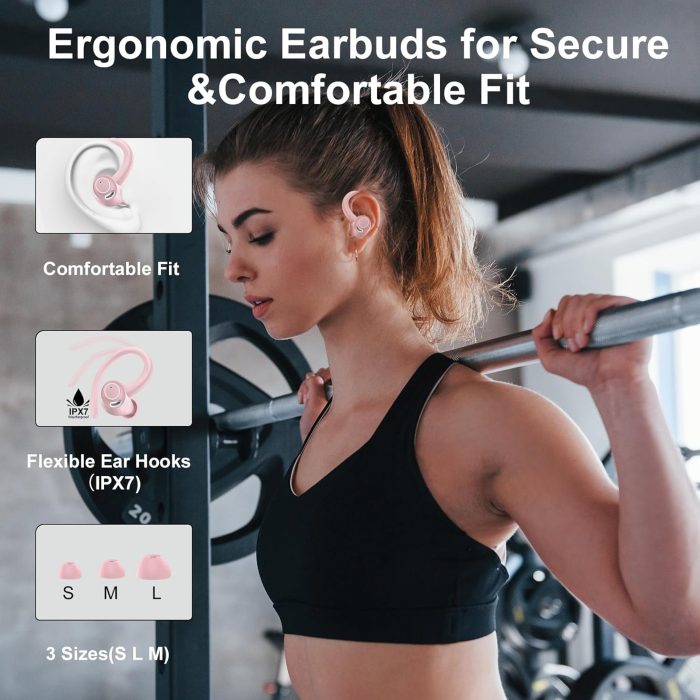 Wireless Earbuds Bluetooth 5.3 Headphones Sports, 48Hrs Playback Over Ear Buds with CVC8.0 Mic, Bass Stereo Bluetooth Earbuds with Earhooks, LED Display, IP7 Waterproof Earphones for Running Pink - Image 5