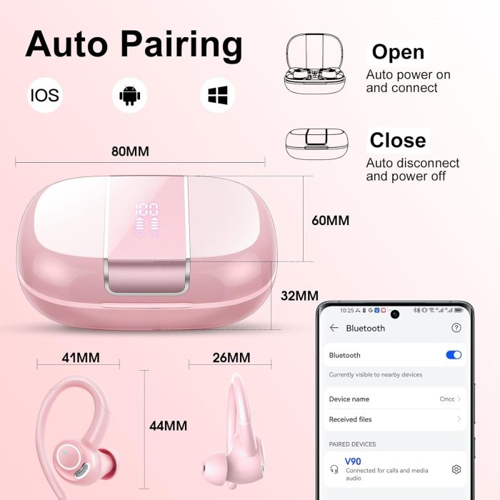 Wireless Earbuds Bluetooth 5.3 Headphones Sports, 48Hrs Playback Over Ear Buds with CVC8.0 Mic, Bass Stereo Bluetooth Earbuds with Earhooks, LED Display, IP7 Waterproof Earphones for Running Pink - Image 6