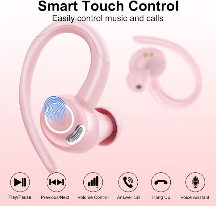 Wireless Earbuds Bluetooth 5.3 Headphones Sports, 48Hrs Playback Over Ear Buds with CVC8.0 Mic, Bass Stereo Bluetooth Earbuds with Earhooks, LED Display, IP7 Waterproof Earphones for Running Pink - Image 7